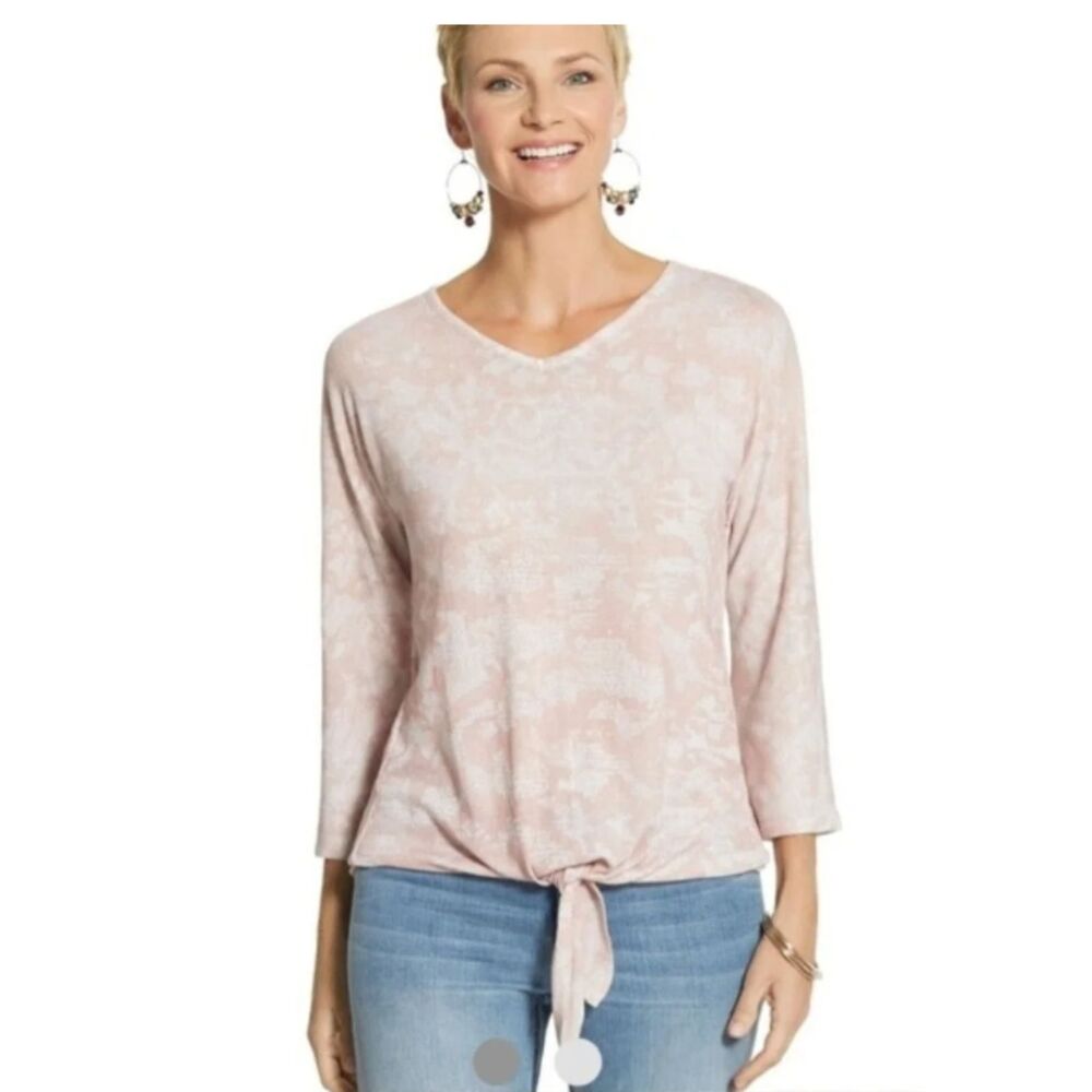 Chicos Tierra Tie Front 3/4 Sleeve Top in Blush Pink Sweater Sz 3 (16-18) XL